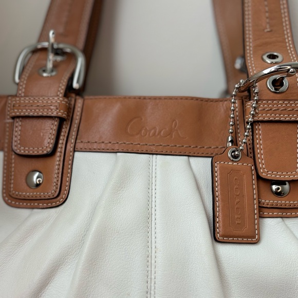 Coach Off-White and Tan Leather Double Strap Satchel Bag - Picture 2 of 11